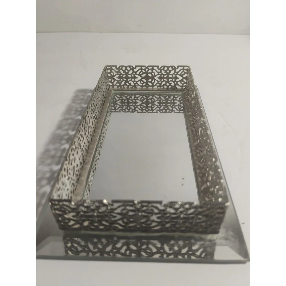 Vintage Studio Silversmiths Rose Filigree Beveled Glass Mirrored Jewelry Box